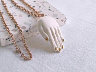 sculpted porcelain hand, hand sculpture, hand pendant, hand necklace, gold lustre porcelain, rose gold necklace, rose gold li
