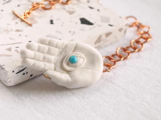 Mystic hand pendulum, EYE LIGHT pendulum, white porcelain hand, turquoise eye, copper chain, toggle clasp, Vanillakiln, coppe
