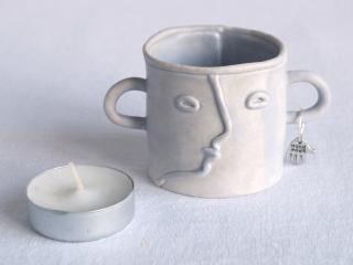 Buddy, cotton bud holder, tea light holder, white, mint, orange, pink, grey, porcelain, face, ceramics with faces, face teali