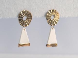 These TALISMAN, gold earrings, sun ray earrings, radiating earrings, oval studs, triangle earrings, porcelain triangles, gold